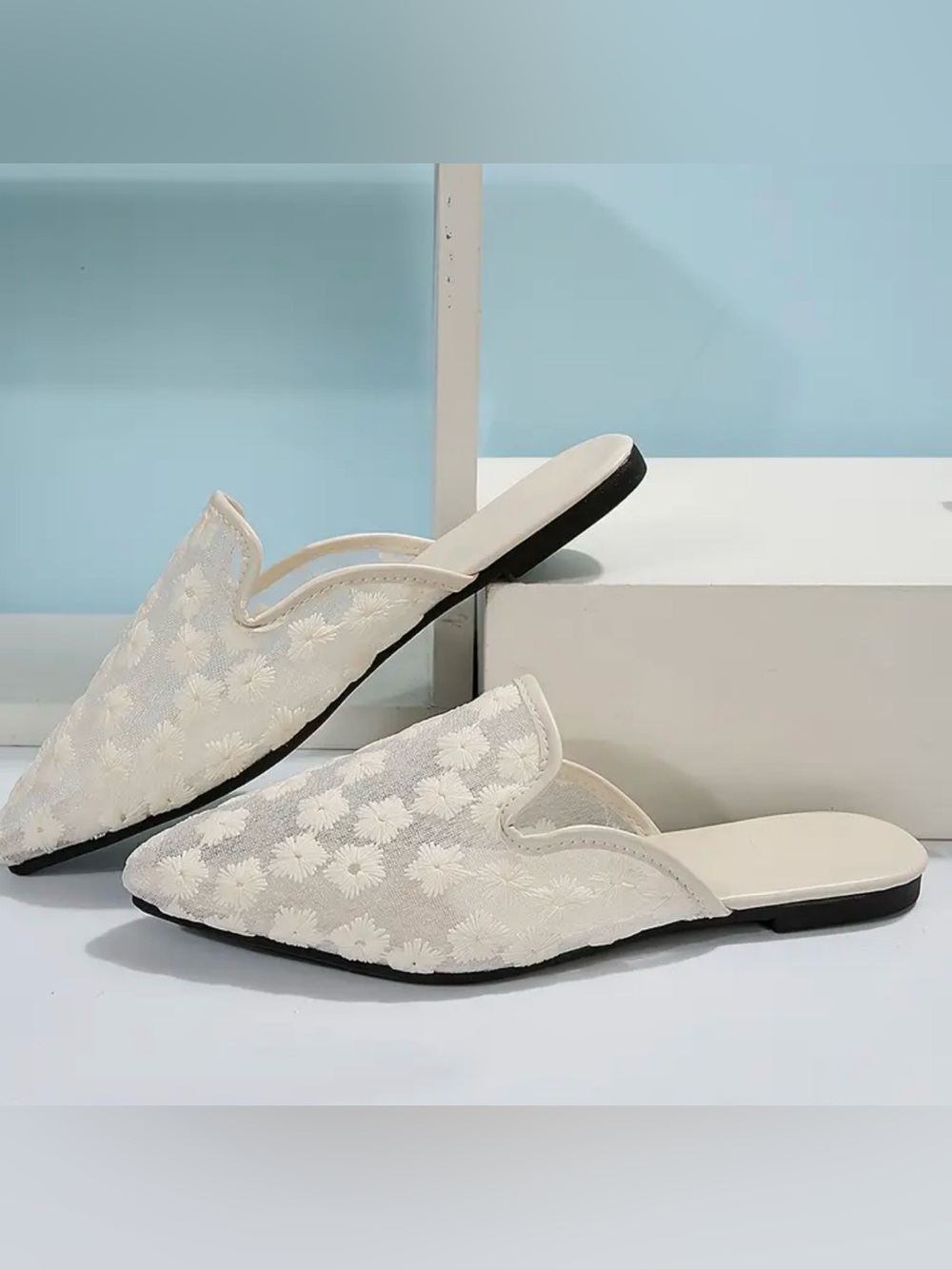Women’s Cream Mesh Floral Embroidered Slip-On Mules
